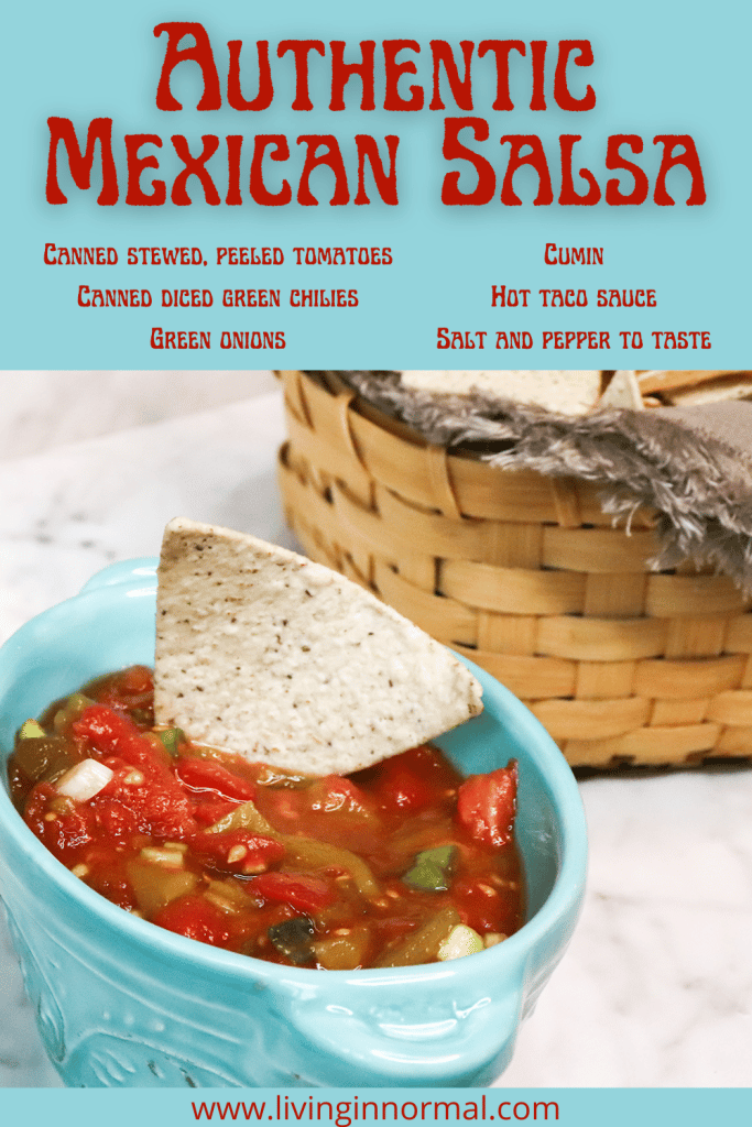 Pinterest image for Authentic Mexican Sala with salsa, chips, and ingredients