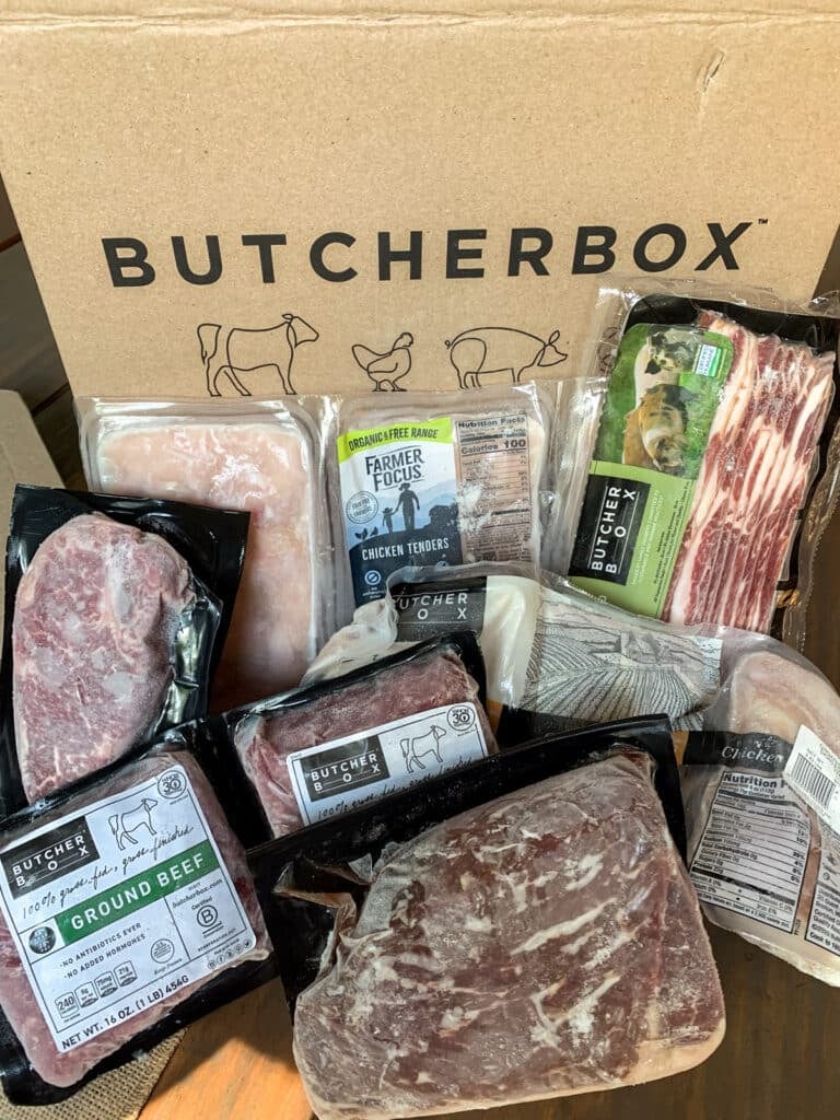 Butcherbox with meat sitting in front.