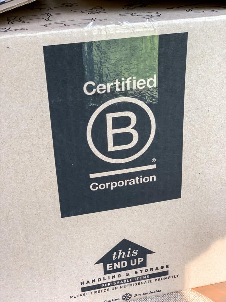 Picture of butcherbox box with B corp on the side.