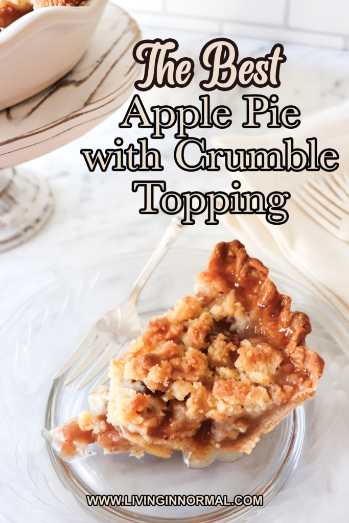 Pinterest image of a slice of apple pie on a plate.