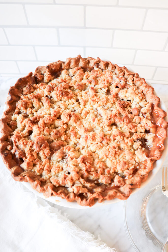 Whole Apple Pie with Crumble topping after it is baked it is baked.
